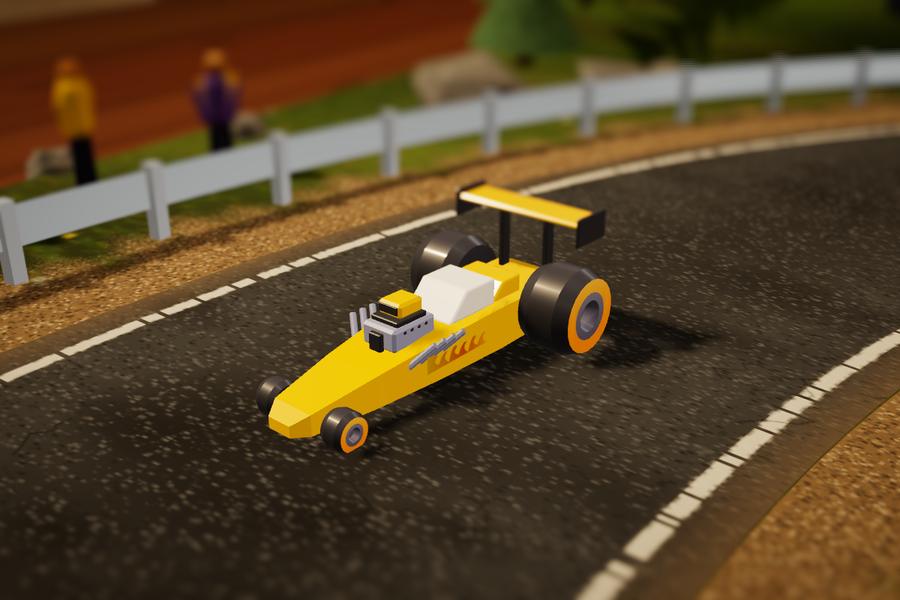 Drag Racer, the long yellow dragster with a blower and a rear wing