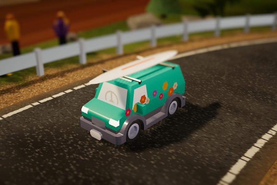 Flower Power, the flower-power van with a surfboard on the roof