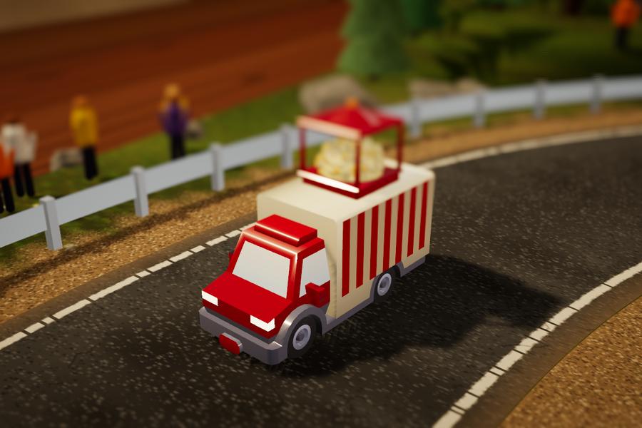 Popcorn Pop, the striped popcorn truck with a popcorn machine on the roof