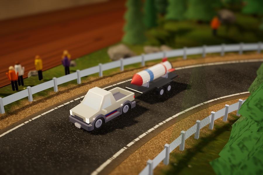 Liftoff, the pickup hauling a rocket