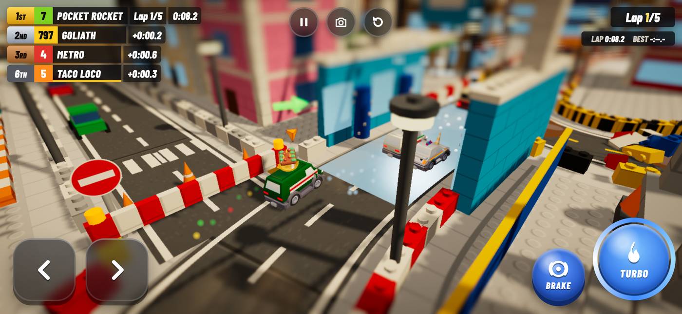 Racing through a little city built of toy bricks