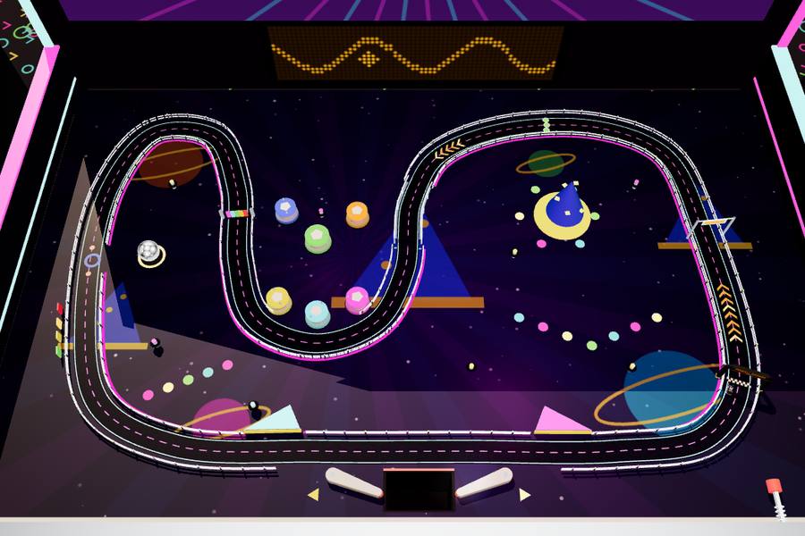 A neon track winding through a space-themed pinball machine