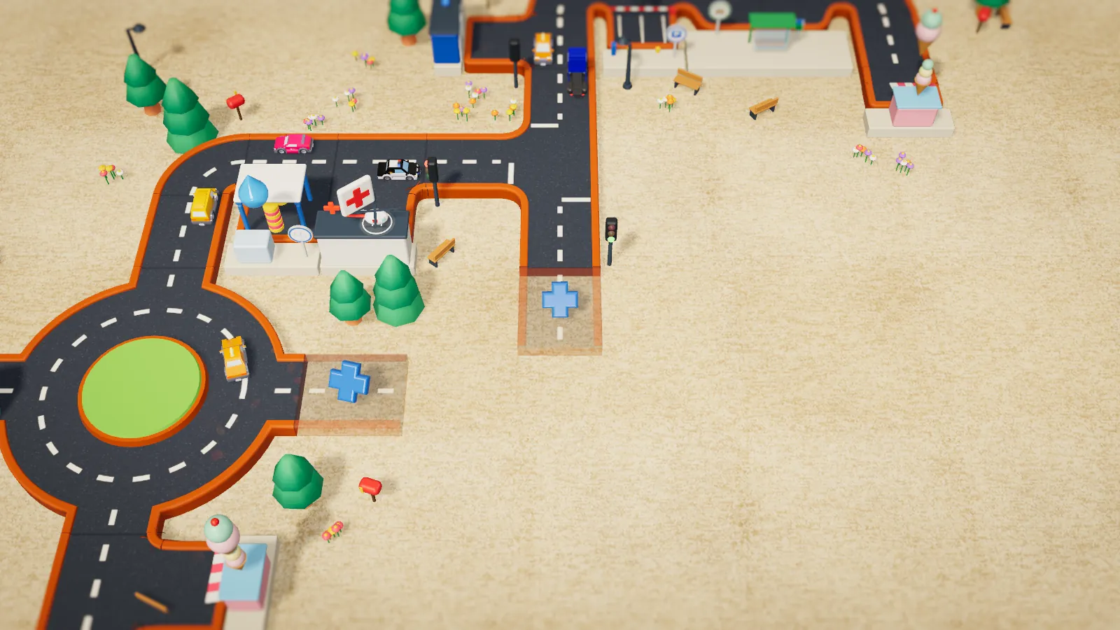A play mat with a roundabout, a hospital, ice-cream stands and toy cars on the roads