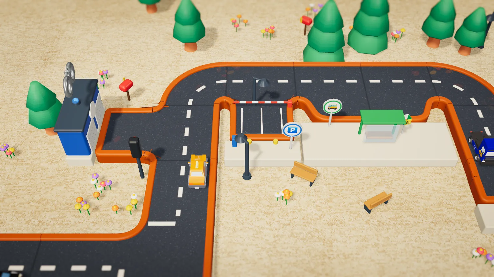 A fuel station, a car park with a barrier and a bus stop along the road, with trees, flowers and benches